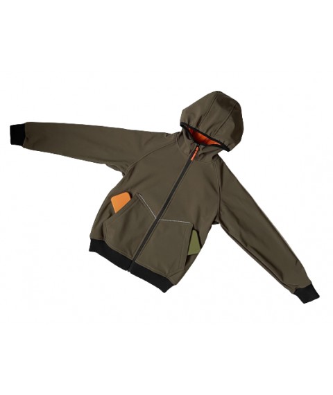 Children's jacket with a Soft-Shell hood, warm Olive color with a reflective strip