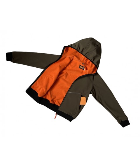 Children's jacket with a Soft-Shell hood, warm Olive color with a reflective strip