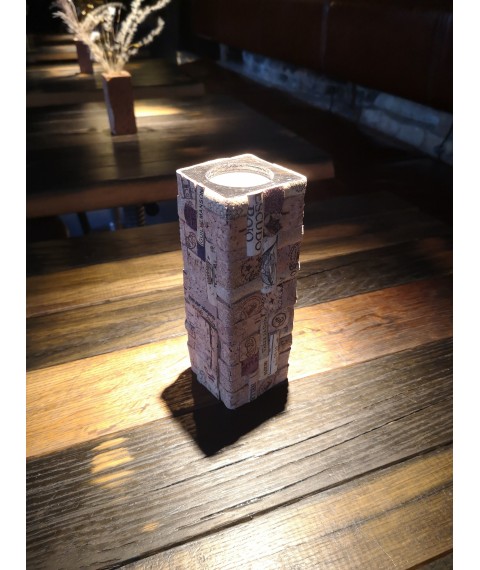 Decorative handmade candlestick, made of wood and cork mosaic.