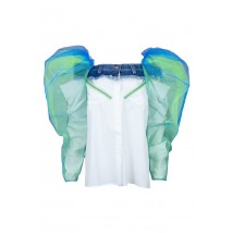 White blouse with blue and green mesh