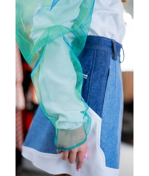 Блуза з декором з деніму і синьо-зеленою сіткою