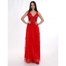 Женское вечернее дизайнерское платье длинное в пол красное с кружева шантильи Modna KAZKA MKENG2086 44