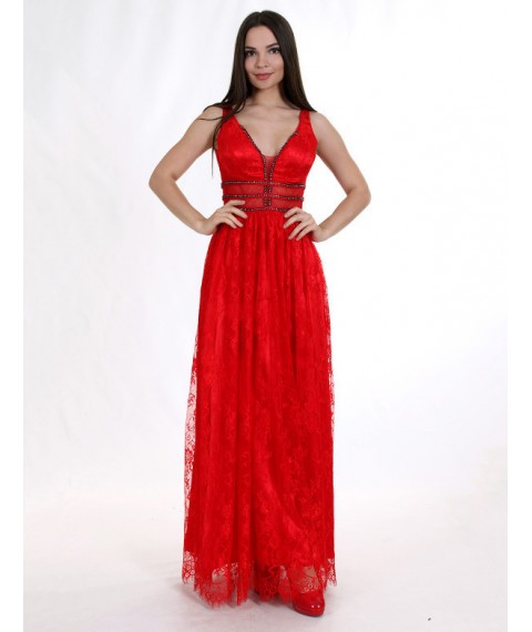 Женское вечернее дизайнерское платье длинное в пол красное с кружева шантильи Modna KAZKA MKENG2086