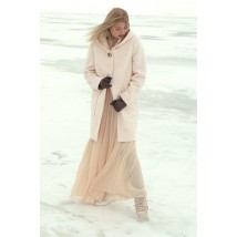 Пальто женское молочное зимнее дизайнерське с капюшоном LESIA