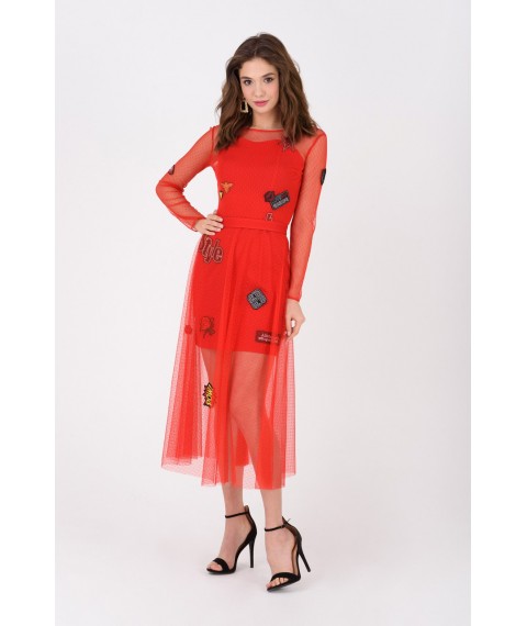 Женское коктейльное платье дизайнерское с нашивками шевронами двойное красное Modna KAZKA MKRM1935-1