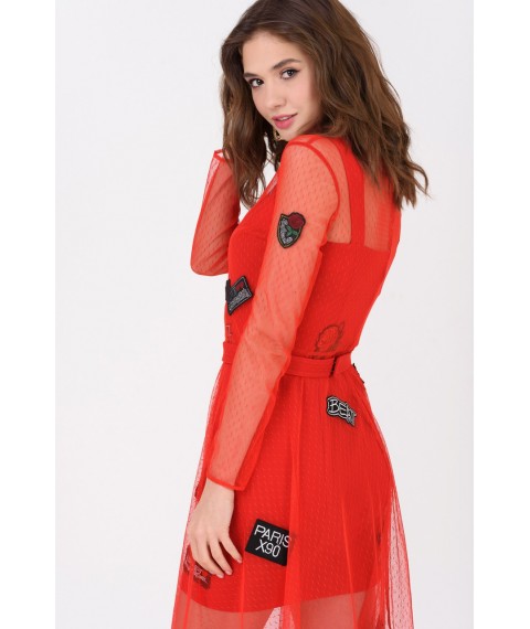 Женское коктейльное платье дизайнерское с нашивками двойное красное Modna KAZKA MKRM1935-1