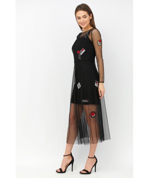 Женское коктейльное платье дизайнерское с нашивками шевронами двойное чёрное Modna KAZKA MKRM1935-19VP
