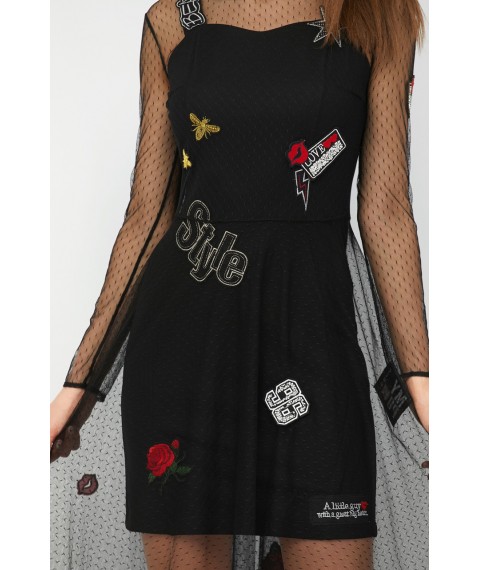 Женское коктейльное платье дизайнерское с нашивками шевронами двойное чёрное Modna KAZKA MKRM1935-19VP