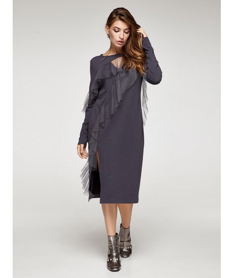 Женское платье трикотажное серое с воланами из сетки Modna KAZKA MKSH2357-2 42