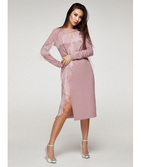 Женское платье трикотажное с воланами из сетки розовое Modna KAZKA MKSH2357-1