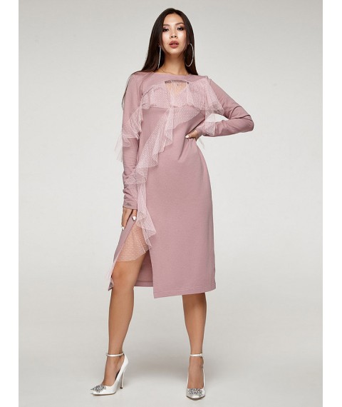 Женское платье трикотажное с воланами из сетки розовое Modna KAZKA MKSH2357-1 46