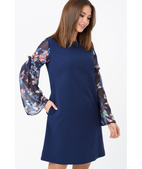 Женское платье нарядное синее с цветочным принтом на рукаве Modna KAZKA MKRMD1244-1