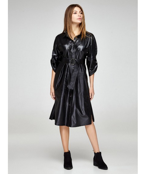 Женское платье-рубашка черное из искуственной кожи Modna KAZKA MKSH2376-1