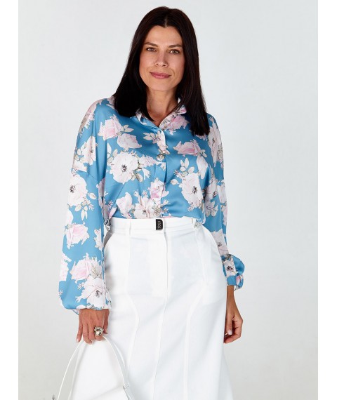 Блуза женская шелковая принтовая голубая Modna KAZKA MKSH2633-2