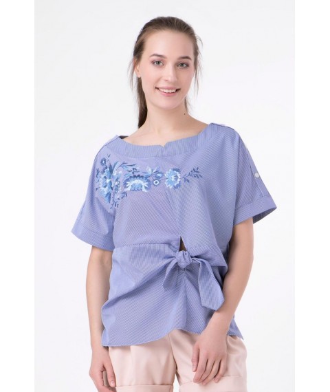 Женская летняя блуза с бантом и вышивкой синяя в полоску Modna KAZKA MKRM1162 48