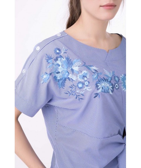 Женская летняя блуза с бантом и вышивкой синяя в полоску Modna KAZKA MKRM1162