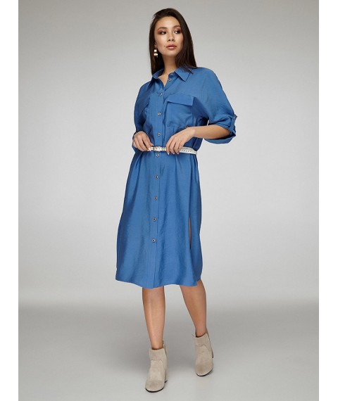 Женское платье-рубашка с поясом синее Modna KAZKA MKSH2348-1
