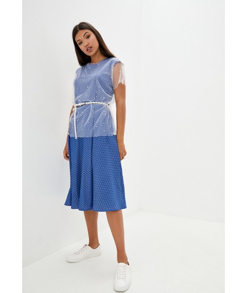 Женское нарядное платье синее в горошек с пояском и накидкой из фатина Modna KAZKA MKSH2165