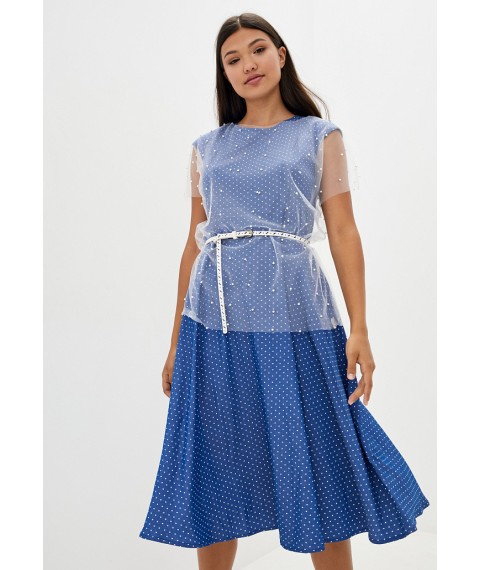 Женское нарядное платье синее в горошек с пояском и накидкой из фатина Modna KAZKA MKSH2165 48