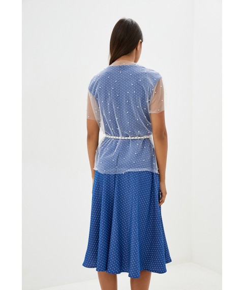 Женское нарядное платье синее в горошек с пояском и накидкой из фатина Modna KAZKA MKSH2165