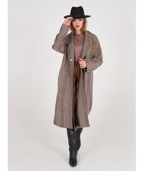 Женское пальто дизайнерское бежевое длинное шерстяное Калейдоскоп Modna KAZKA MKSH2729-2 44