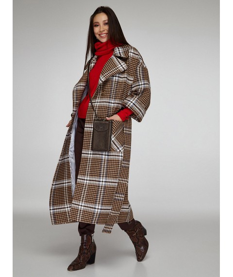 Женское пальто длинное бежевое в клетку дизайнерское Modna KAZKA MKSH2352-2