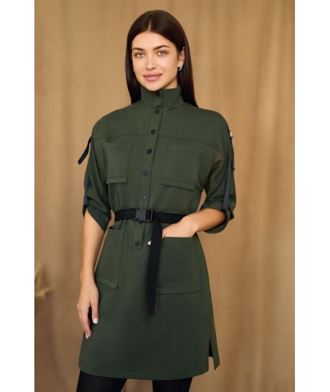 Платье-рубашка женское с накладными карманами хаки Modna KAZKA MKRMD2346