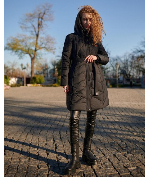 Женское пальто-пуховик черный под пояс Modna KAZKA 21-119