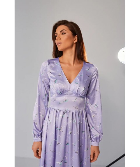 Платье женское шелковое миди в принт колибри лиловый Modna KAZKA MKBS2118 48