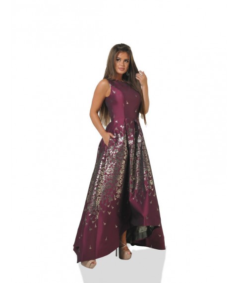 Платье женское бордо вечернее дизайнерское макси длинное в пол из жакарда асиметричного кроя Modna KAZKA 42