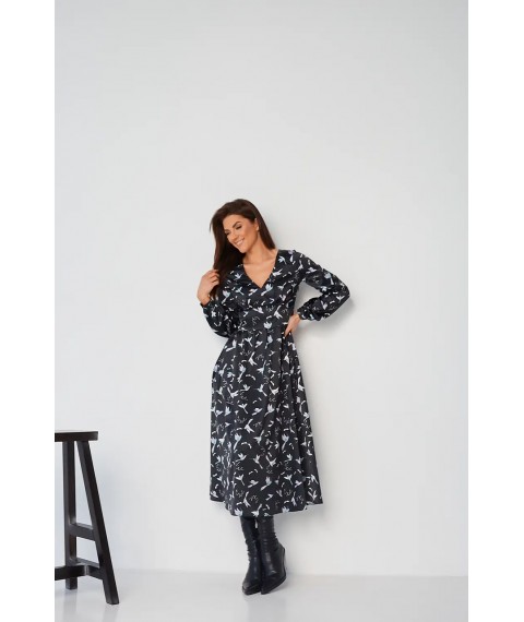 Платье женское шелковое миди в принт колибри черное Modna KAZKA MKBS2120 46