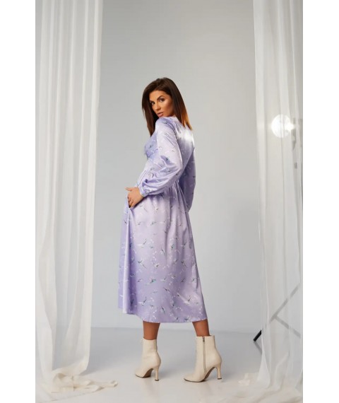Платье женское шелковое миди в принт колибри лиловый Modna KAZKA MKBS2118 42