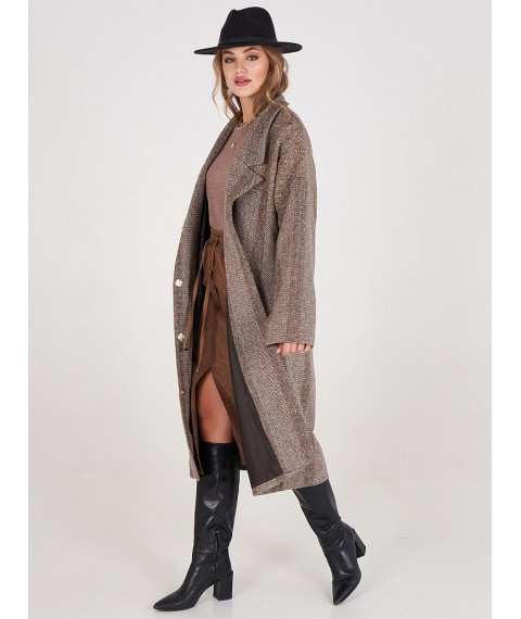 Женское пальто дизайнерское бежевое длинное шерстяное Калейдоскоп Modna KAZKA MKSH2729-2 46