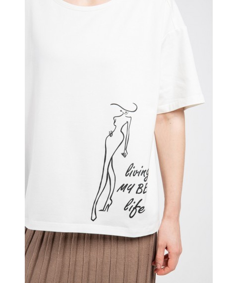 Женская футболка молочная длинная Принт MKNS2282-01