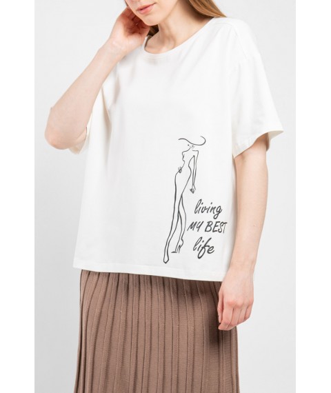 Женская футболка молочная длинная Принт MKNS2282-01