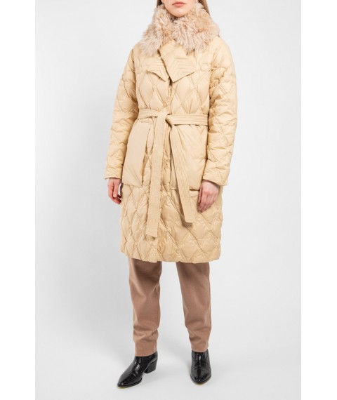 Женское пальто-пуховик с меховым воротничком светло-бежевого цвета Modna KAZKA  MKLT21-1143