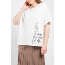 Женская футболка молочная длинная Принт MKNS2282-01 42