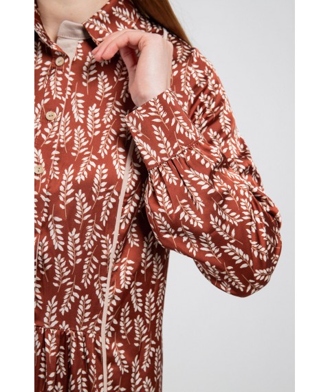 Платье женское шелковое миди с растительным принтом коричневое "Грейс" Modna KAZKA MKPR2625-2 42
