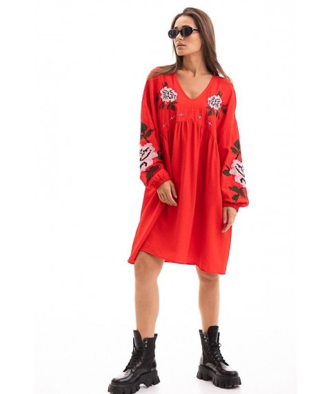 Платье-вышиванка женское с цветами оверсайз красное Modna KAZKA MKAR46628-4 Повседневное платье, ONESIZE