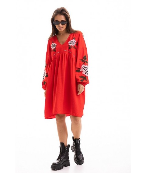 Платье-вышиванка женское с цветами оверсайз красное Modna KAZKA MKAR46628-4 Повседневное платье, ONESIZE