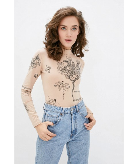 Боди женское стильное с тату бежевое Modna KAZKA Tatto MKRM1375-1