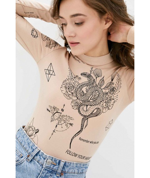 Боди женское стильное с тату бежевое Modna KAZKA Tatto MKRM1375-1