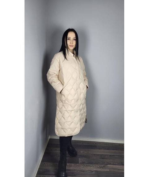 Пальто женское трендовое стеганое длинное на пояс бежевое Modna KAZKA MKAS2337-1