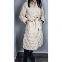 Пальто женское трендовое стеганое длинное на пояс бежевое Modna KAZKA MKAS2337 44