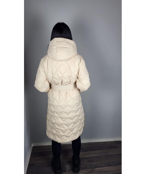 Пальто женское трендовое стеганое длинное на пояс бежевое Modna KAZKA MKAS2337-1