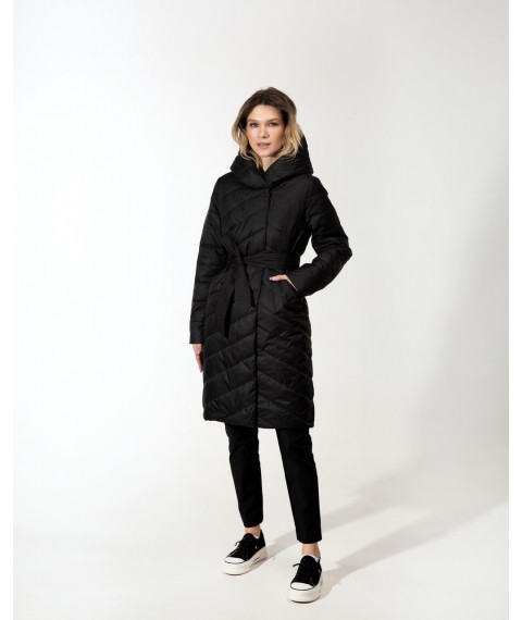 Пальто женское трендовое стеганое длинное на пояс черное Modna KAZKA MKAS2337-2 40