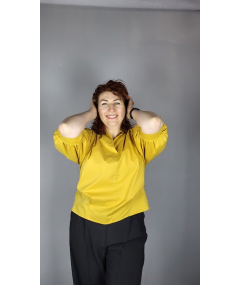 Рубашка женская базовая коттоновая с пуговицами на спине на стойку горчичная Modna KAZKA MKAD7479-01
