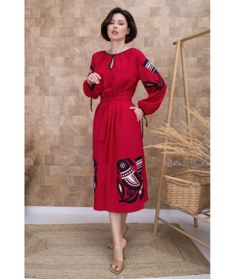 Платье-вышиванка женское миди с черным орнаментом красное Modna KAZKA MKV111/104 48