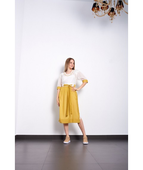 Женское летнее платье шелковое желто-белое дизайнерское нарядное Modna KAZKA Иннеса МКPRinnessa 48
