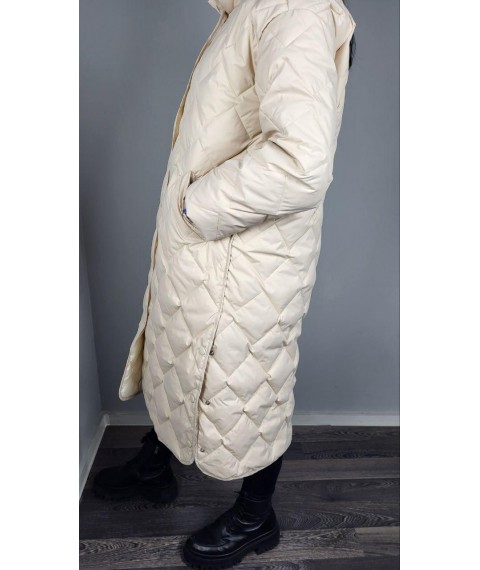 Пальто женское трендовое стеганое длинное на пояс бежевое Modna KAZKA MKAS2337 42